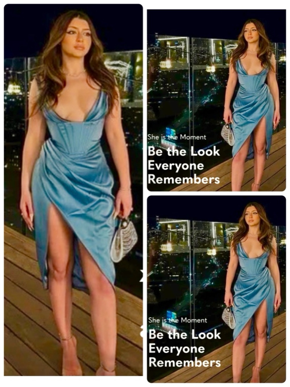 NWT sapphire blue midi high slit satin boned corset open plunge front XL & M